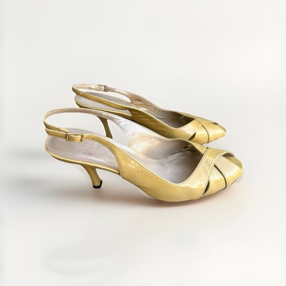 Stuart Weitzman 8.5 Butter Yellow Slingback Kitten Heel Pump Peep Toe Cross - Picture 6 of 9